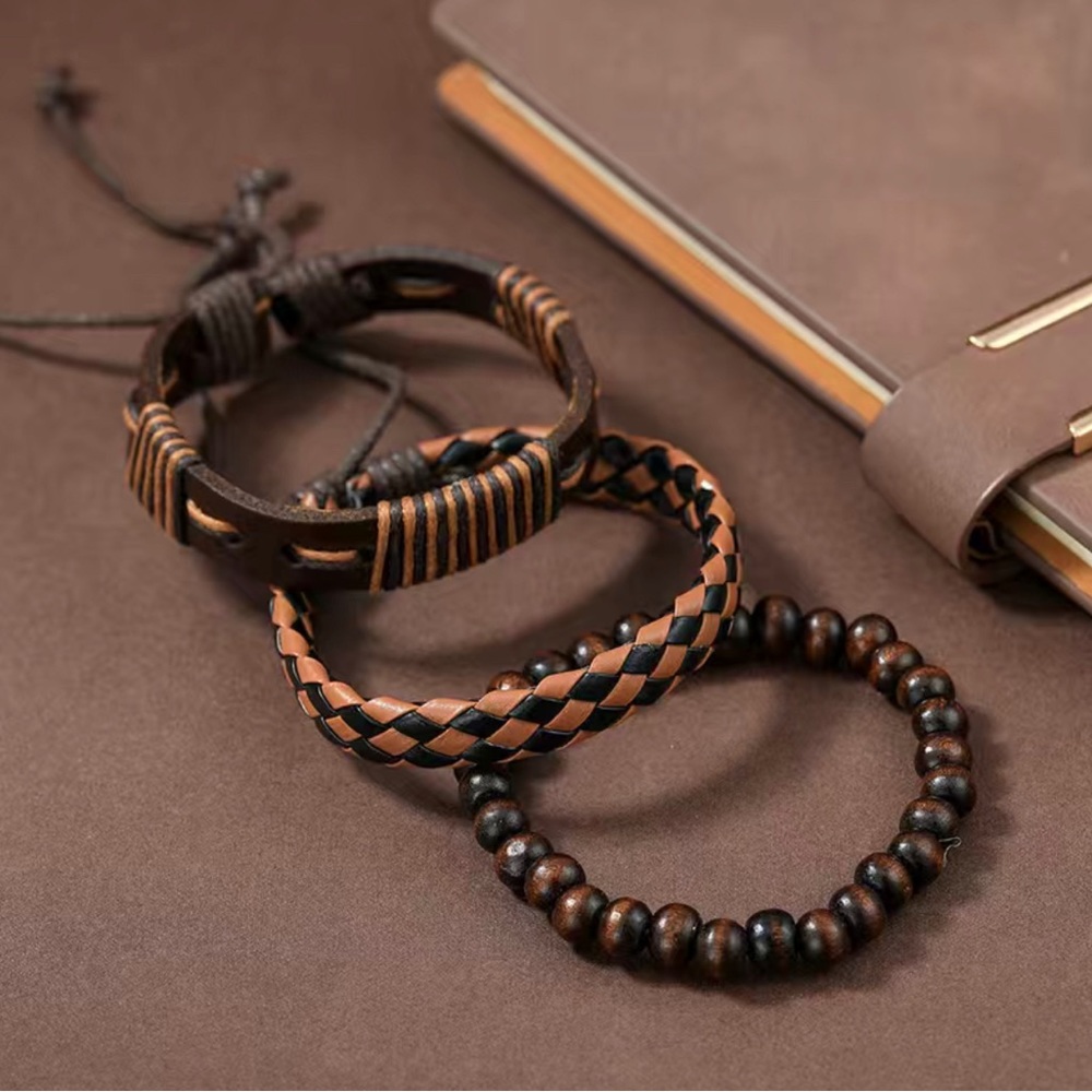 3pcs Men's Vintage Leather Woven Handmade Bracelet.